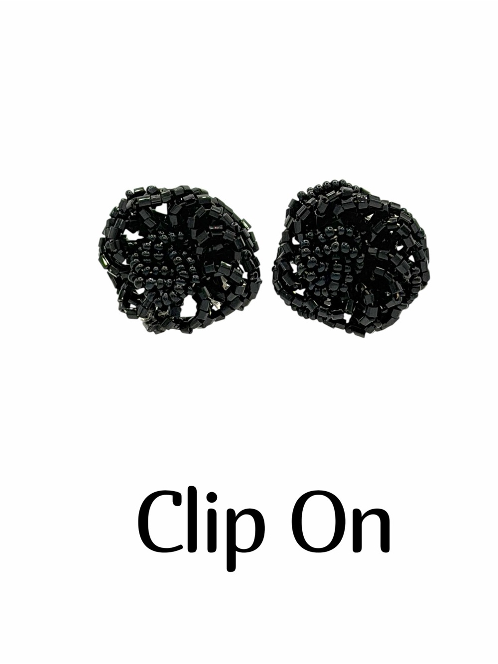 Vintage 50s-70s Black Glass Beaded Floral Motif  Clip On Earrings Womans Jewelry